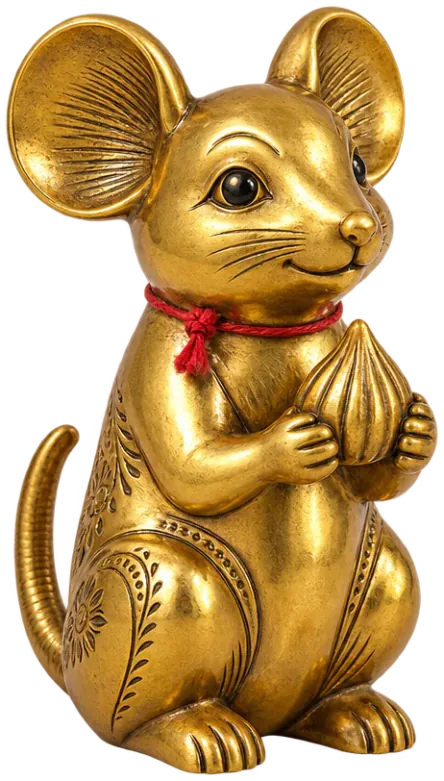 Mooshak, Bappa's little brass mouse, holding a modak
